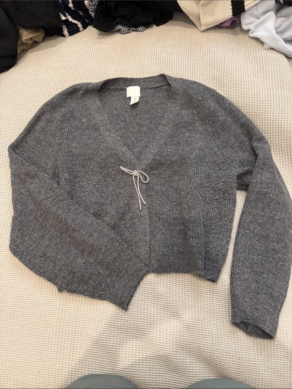 H&M Women's Gray V-Neck Tie-Front Sweater with Crystal Bow